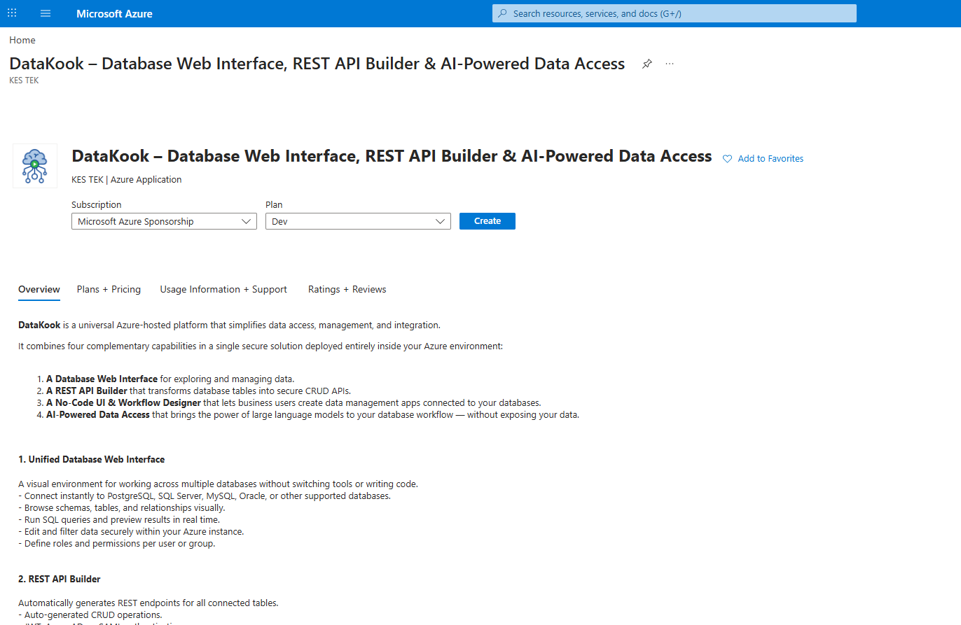 DataKook Azure Marketplace – Plans overview