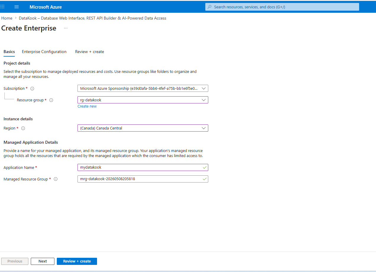 DataKook deployment – Application name and resource group